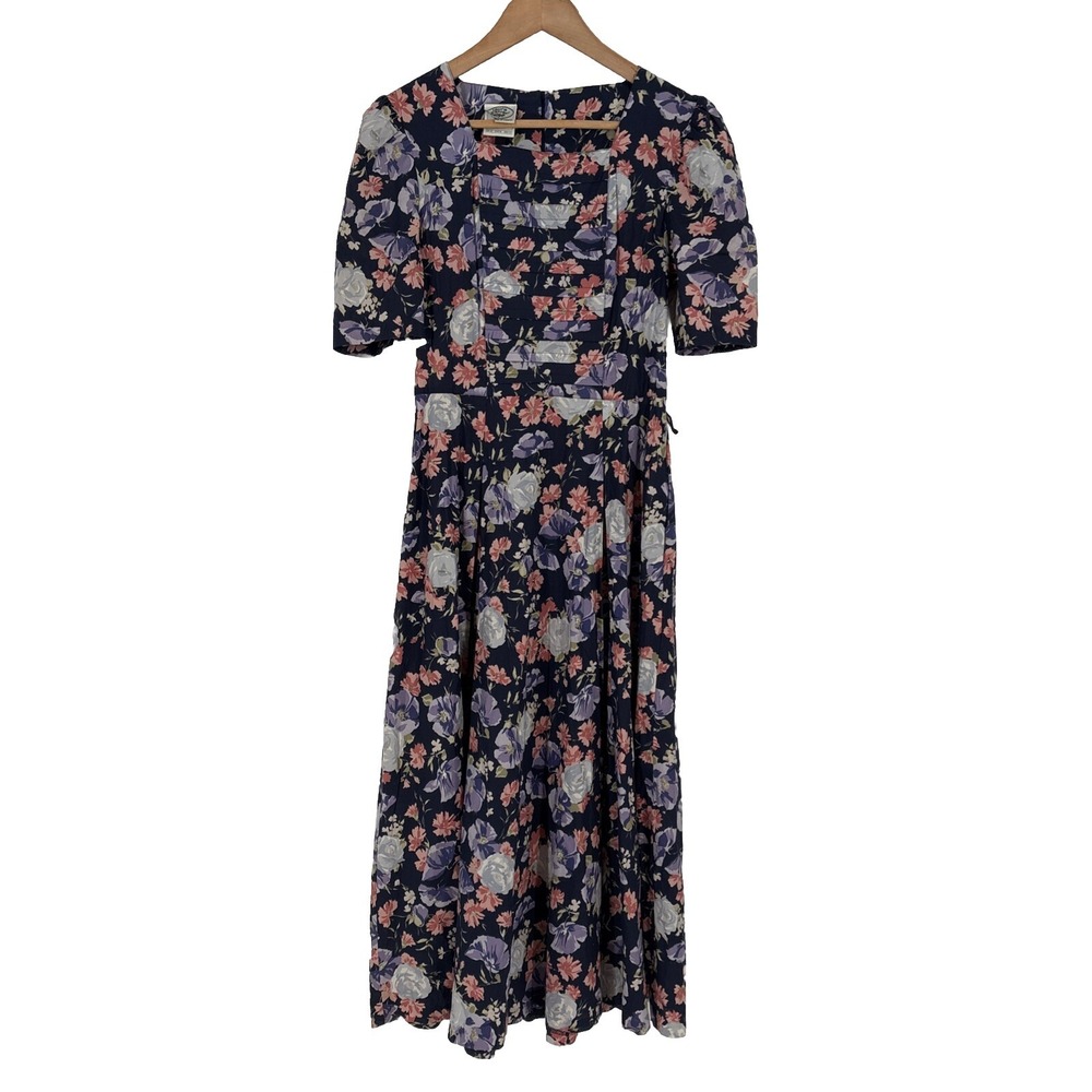 Vintage Laura Ashley Womens Midi Dress 10 Blue Floral Classic Cottagecore Preppy